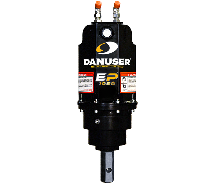 Image showing isolated Danuser EP 1530 attachment with safety decals, white/yellow 'EP 1530' and 'Danuser' logos, and no auger attached