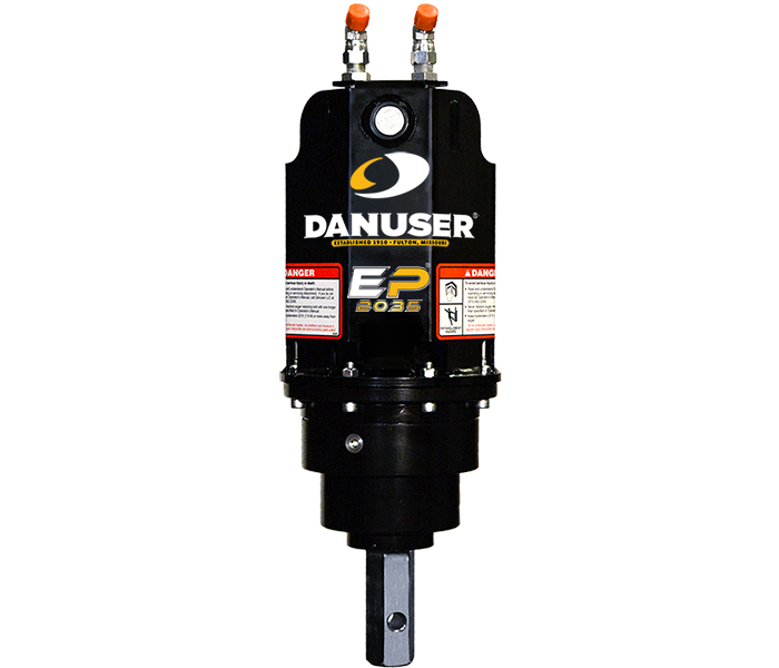 Image showing Danuser EP 2035 with white and yellow 'Danuser' and 'EP 2035' logos, warning stickers visible, and no auger attached