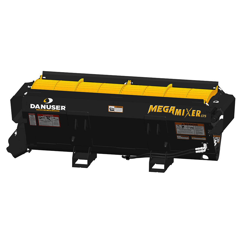 Image showing front-right, 30–45° view of Danuser Mega Mixer with top yellow grate, Danuser and Mega Mixer logos, and warning labels