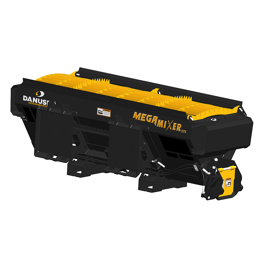 Image showing front-left angle of Danuser Mega Mixer showing manual gate, hoses, top grate, and yellow 'MEGA MIXER' text on side