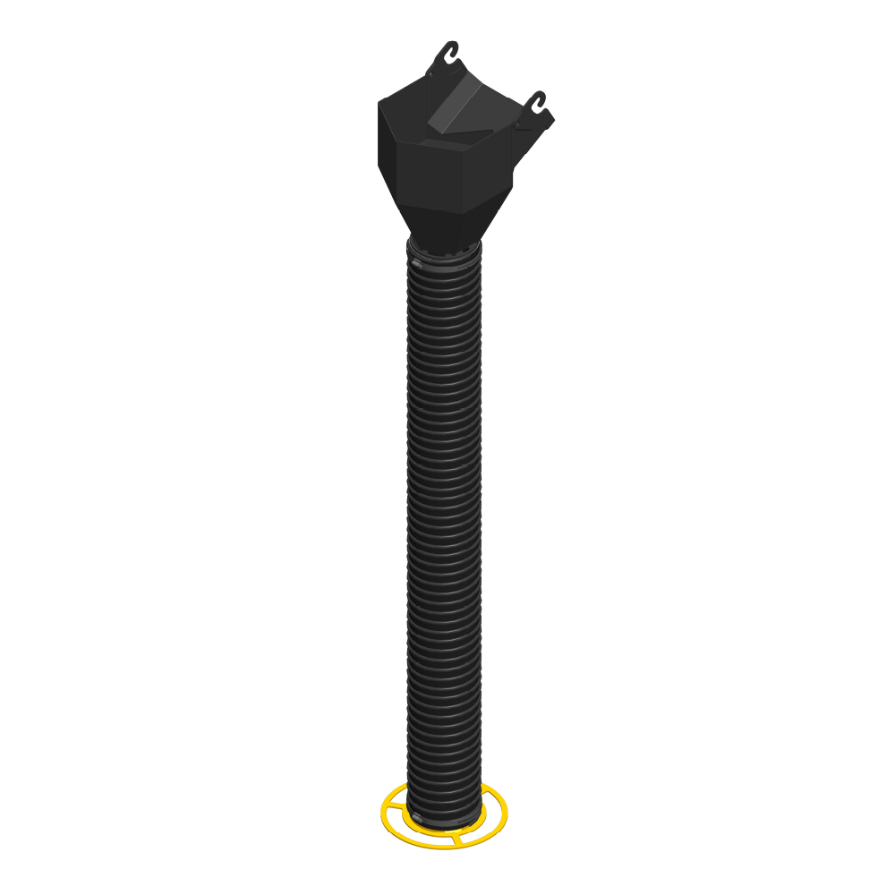 Image showing Danuser Mega Mixer 6-inch chute hose adapter with black hooks, ribbed flexible hose, and yellow circular base