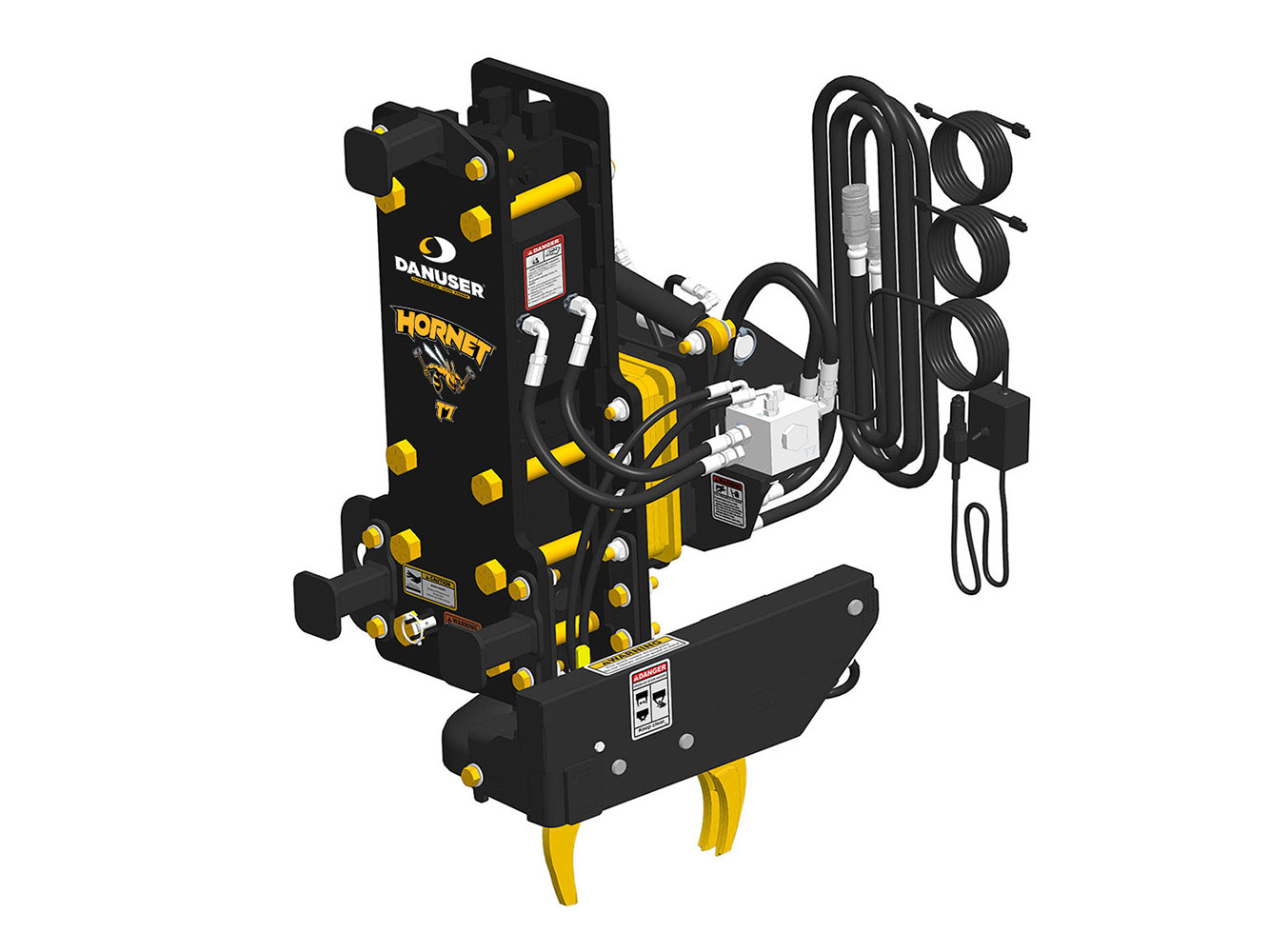 Image showing Danuser Hornet T7 for backhoe/excavator front-right view, yellow 'HORNET T7' text, tilt feature, grapple, and components shown from downward angle