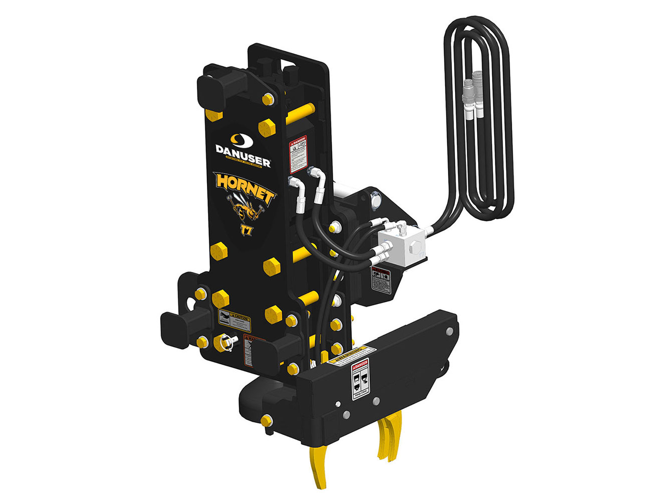 Image showing Danuser Hornet T7 for backhoe/excavator front-right view, yellow 'HORNET T7' text, grapple, hoses, and components from downward angle