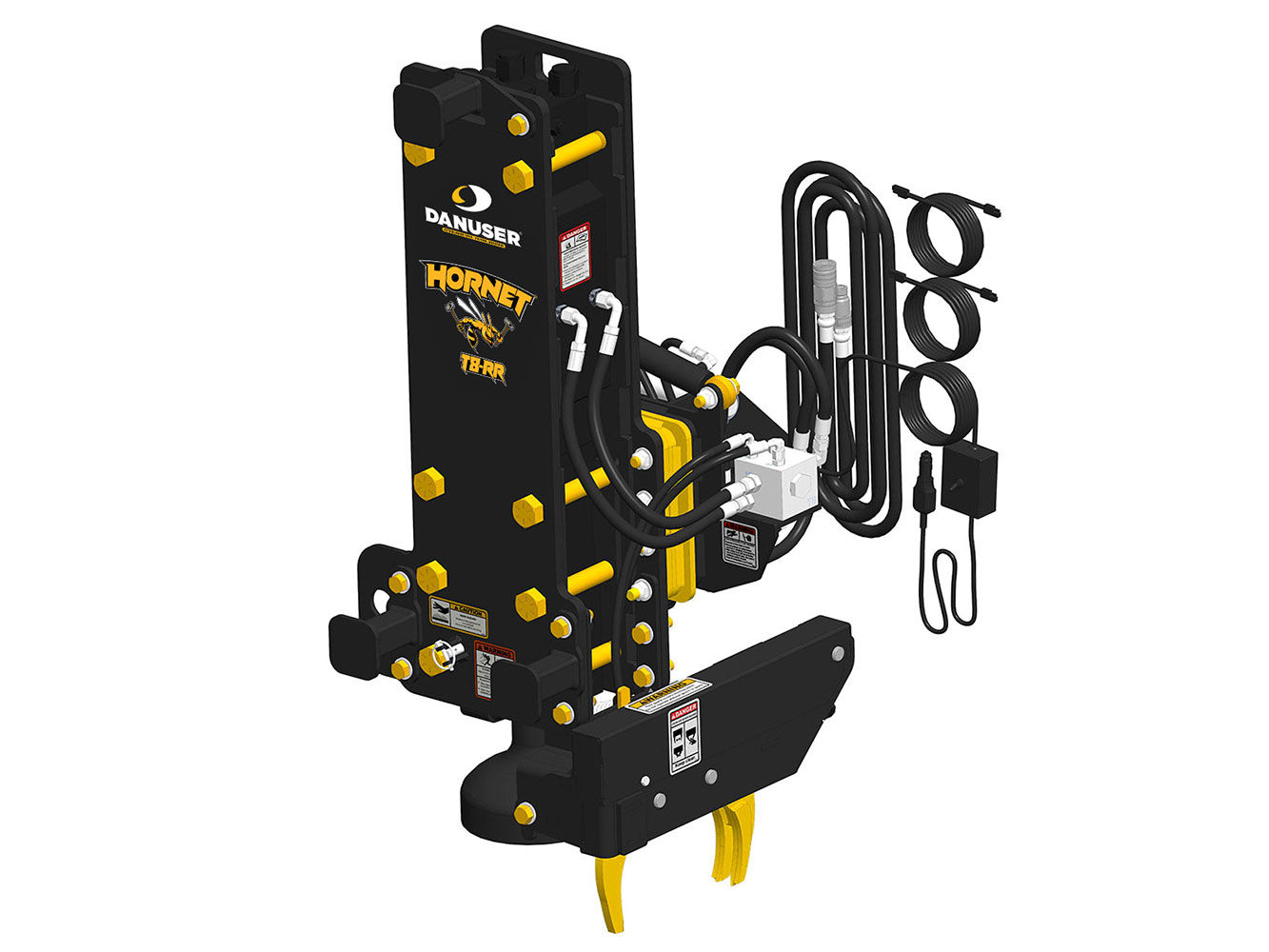 Image showing Danuser Hornet T8-RR for backhoe/excavator front-right view, yellow 'HORNET T8-RR' text, tilt feature, grapple, and components shown from downward angle