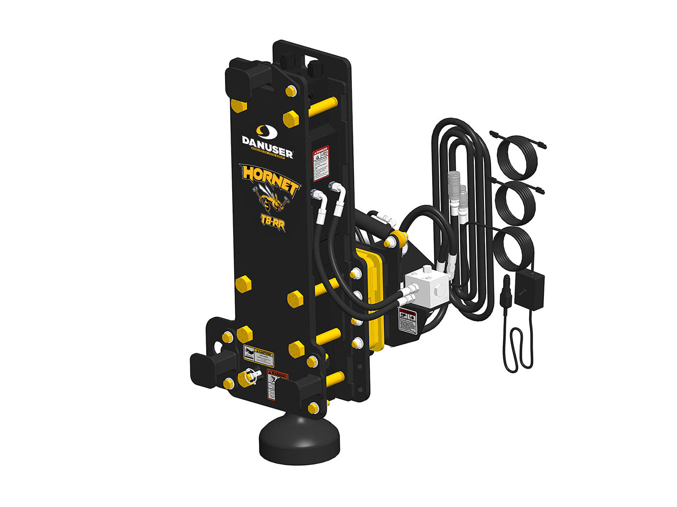 Image showing Danuser Hornet T8-RR for backhoe/excavator front-right view, yellow 'HORNET T8-RR' text, tilt feature, hoses, and components shown from downward angle