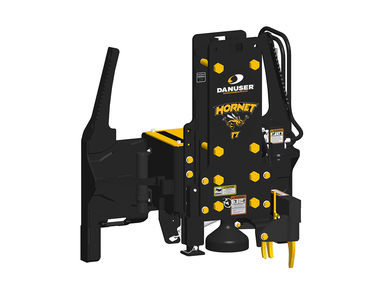 Image showing front-left view of Danuser Hornet T7 post driver for skid steer with yellow 'HORNET T7' text, grapple, and visible hydraulics