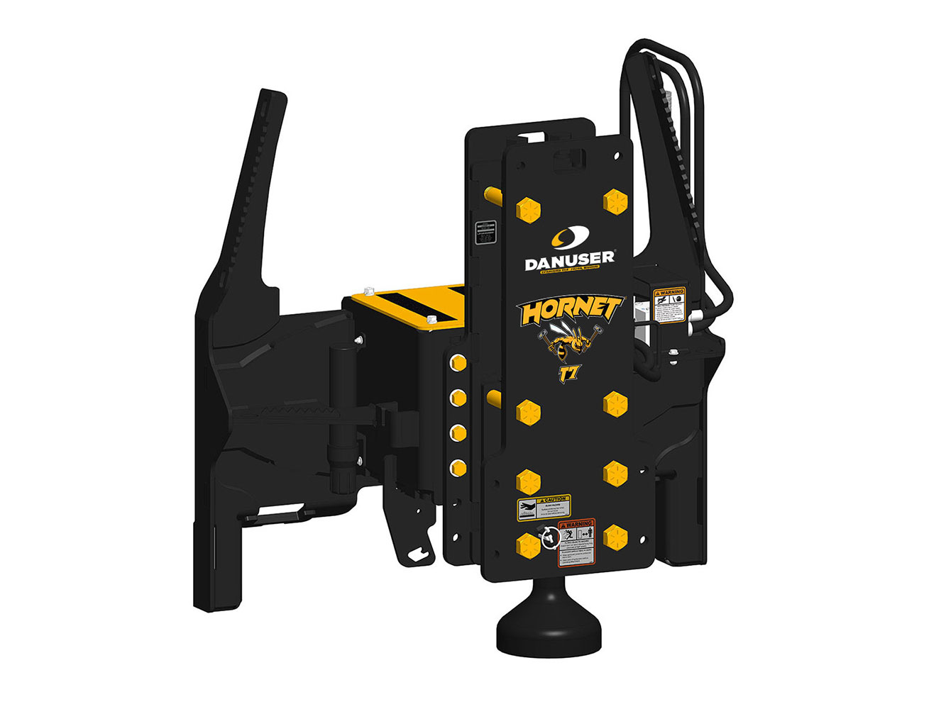 Image showing Danuser Hornet T7 post driver on skid steer, front-left view with yellow 'HORNET T7' text and visible hydraulic parts