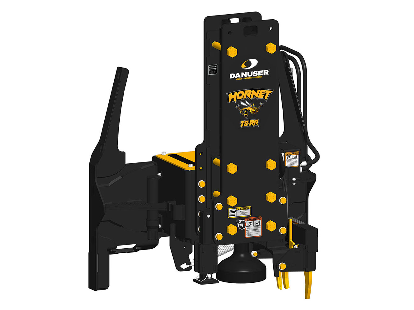 Image showing front-left angle view of Danuser Hornet T8-RR for Skid Steer with yellow 'HORNET T8-RR' text, grapple, and visible hydraulics