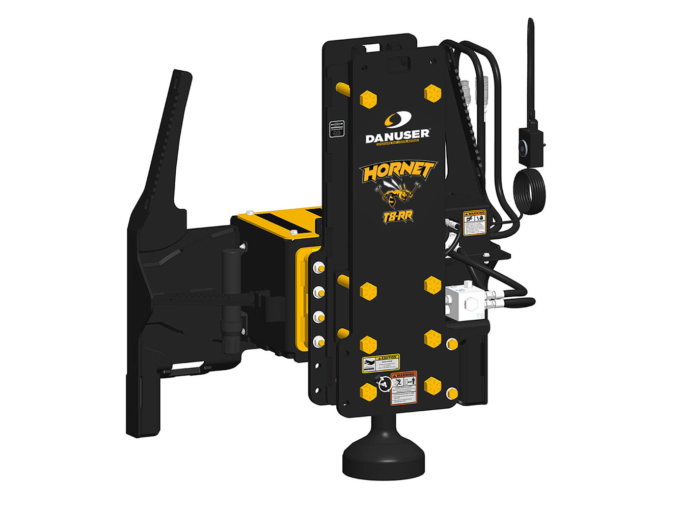 Image showing Danuser Hornet T8-RR for Skid Steer, front-left angle view with yellow 'HORNET T8-RR' text, tilt feature, and visible hydraulics