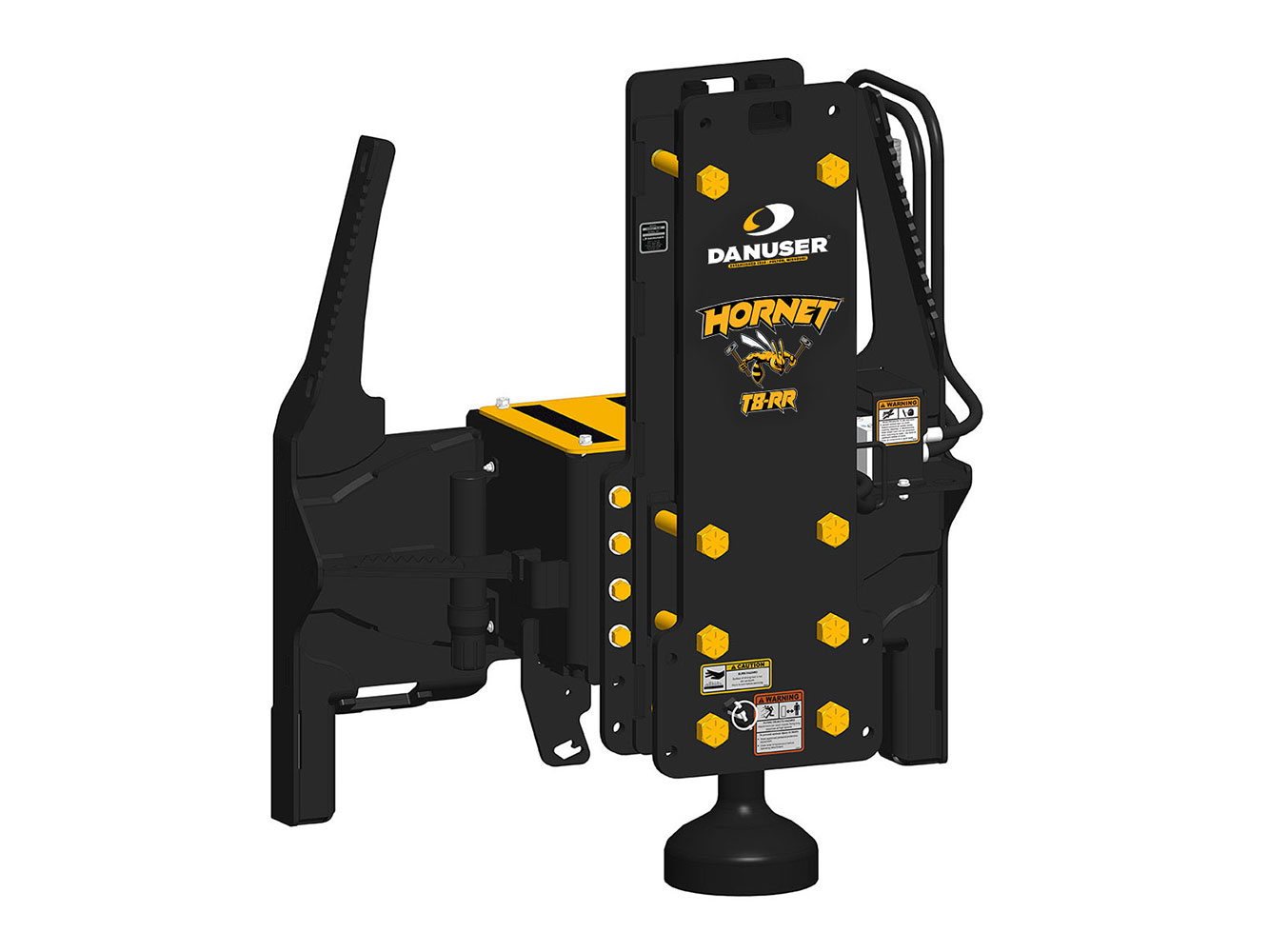 Image showing front-left view of Danuser Hornet T8-RR post driver on skid steer with yellow 'HORNET T8-RR' text and visible hydraulic parts