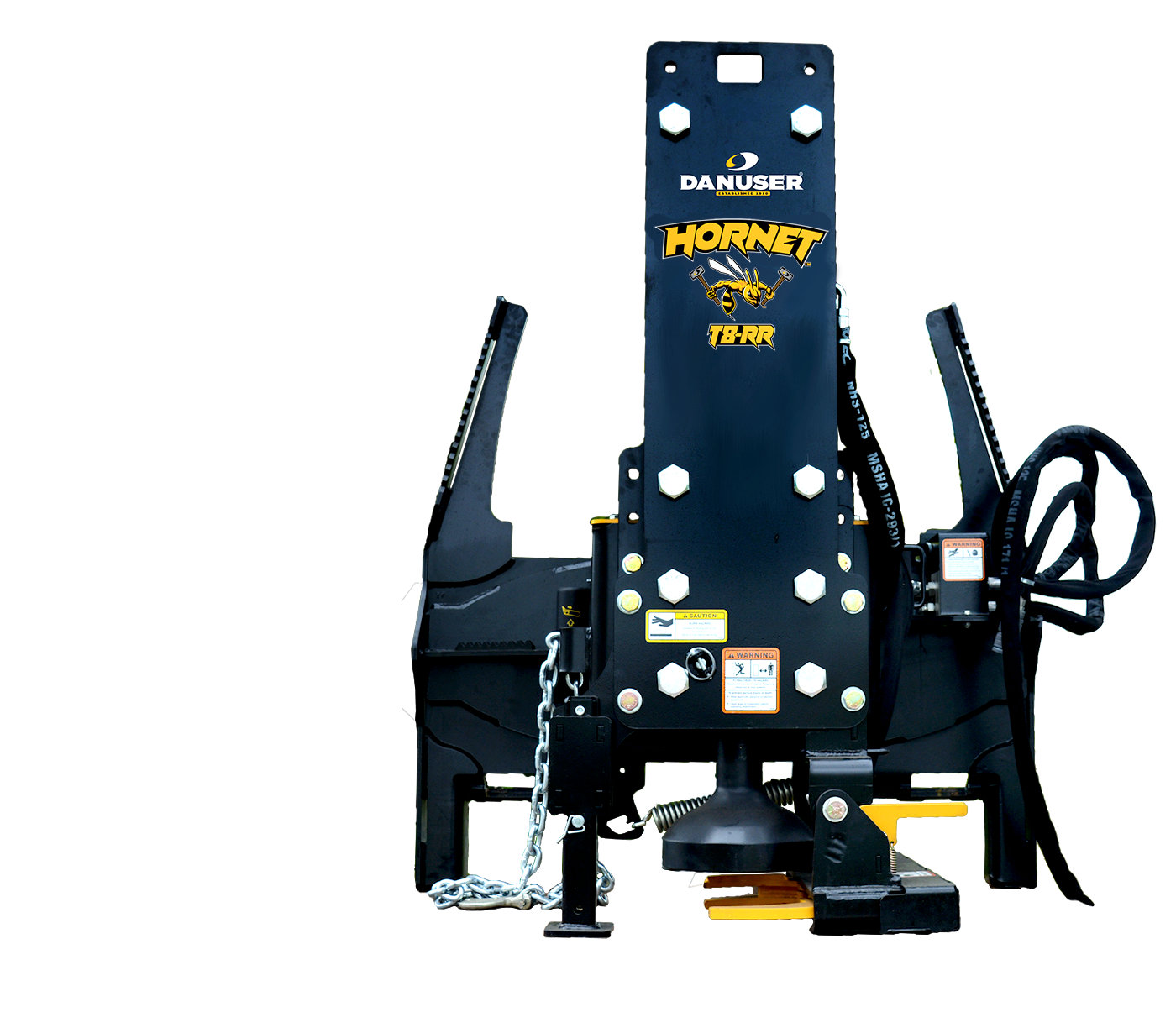 Image showing Danuser Hornet T8-RR post driver shown straight on with yellow 'HORNET T8-RR' text and visible hydraulic components