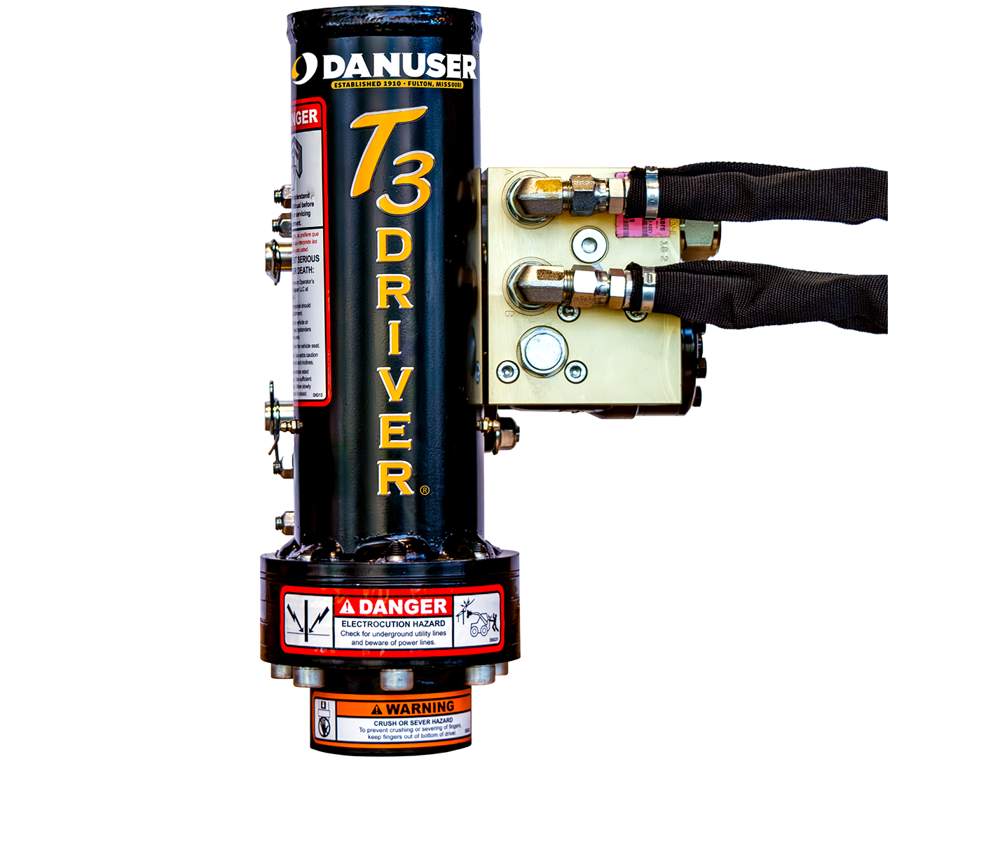 Image shows Danuser T3 post driver, front view with 'T3 DRIVER' in yellow letters, visible hydraulic components, and warning labels
