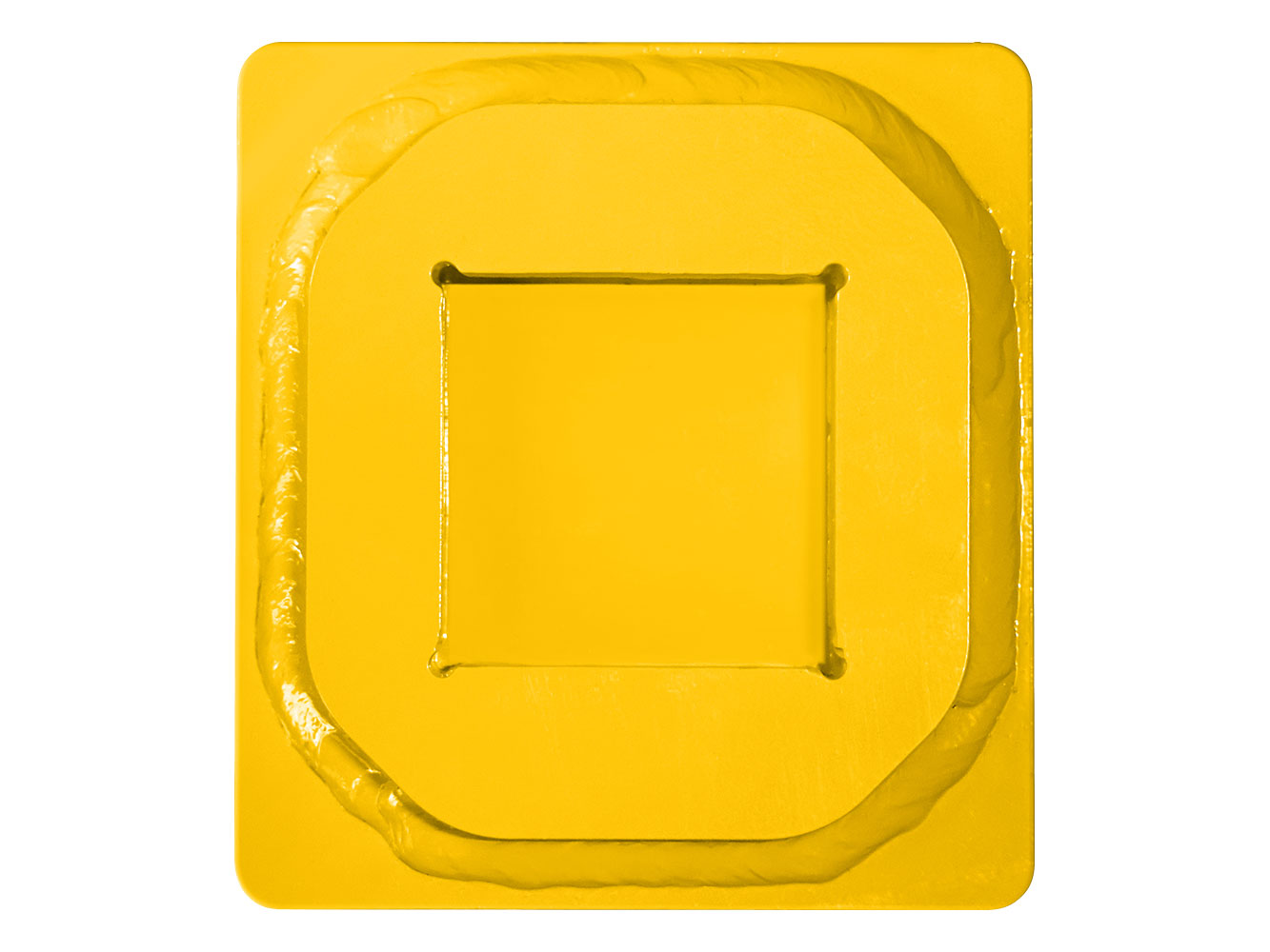 Image shows 4-inch square yellow Danuser Hammer Strike Plate with central cutout and rounded edges, shown in close-up view