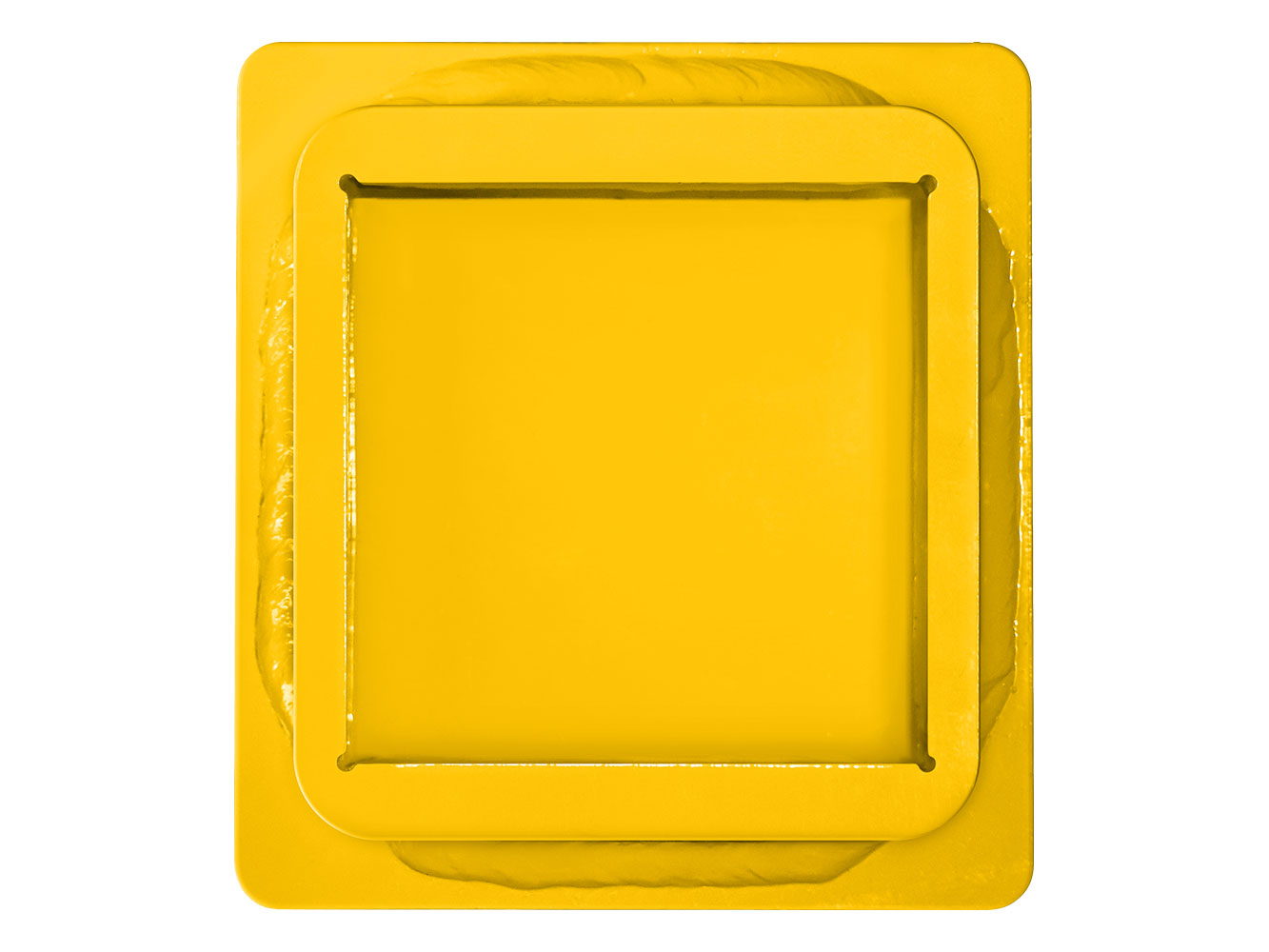 Image showing 6-inch square yellow Danuser Hammer Strike Plate with raised border and smooth surface, shown in close-up view