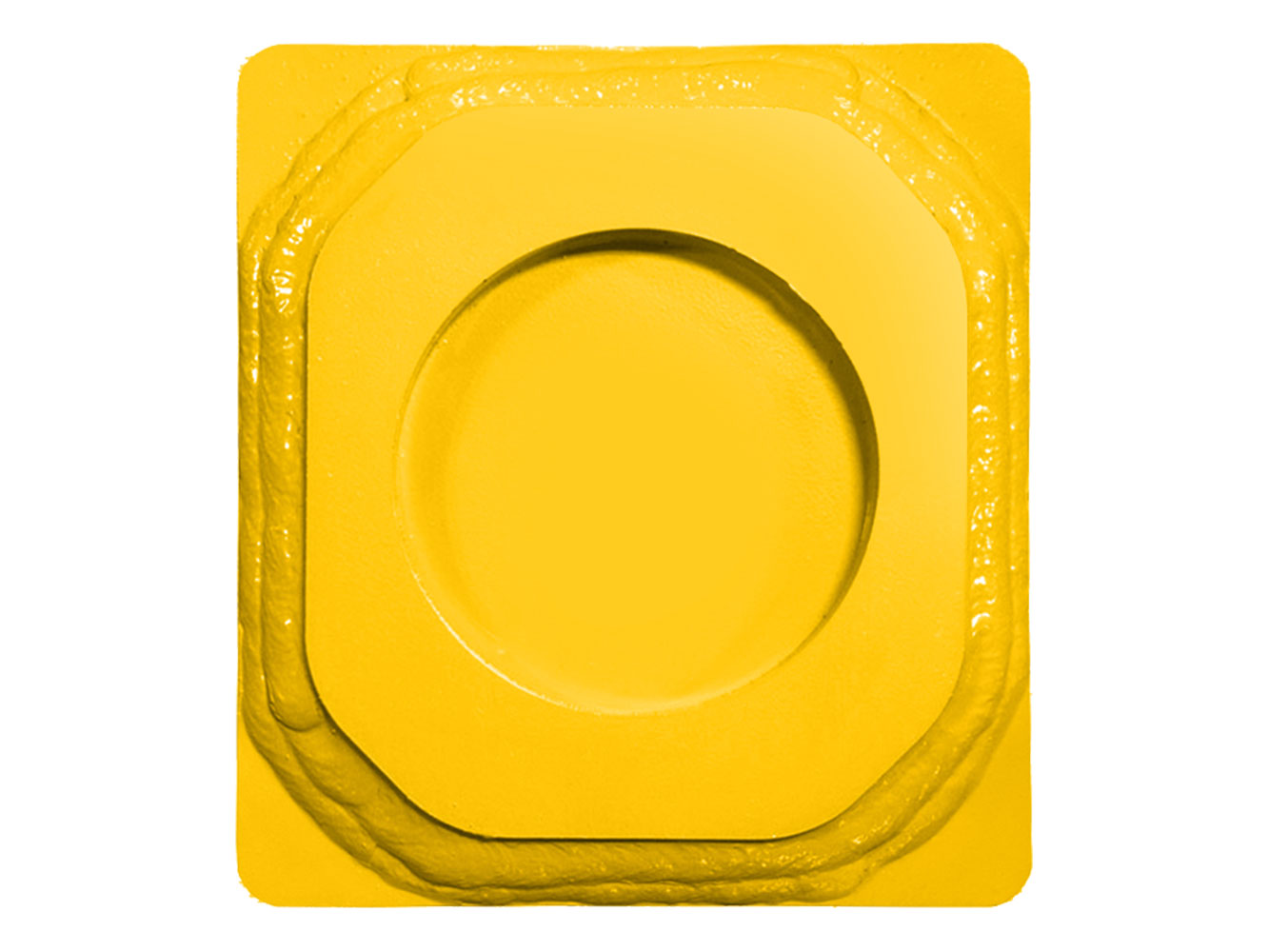 Image shows Yellow Danuser Hammer Strike Plate with circular center indentation, resembling a donut shape, shown in close-up