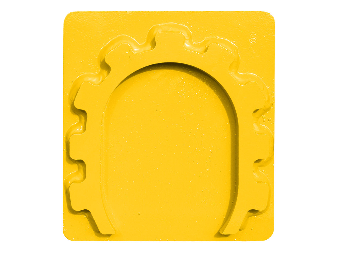Image shows Yellow Danuser Hammer Strike Plate with floating horseshoe-shaped cutout and gear-like edges, shown close-up