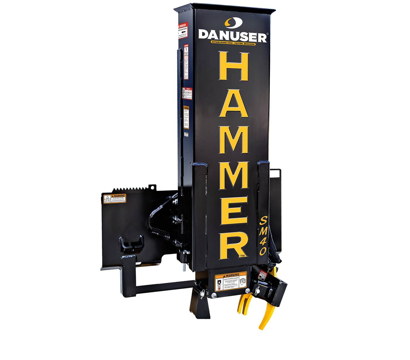 Close-up of a Danuser HAMMER SM40 post driver, black with yellow accents and vertical 'HAMMER' branding, used for driving posts in construction or agricultural settings.