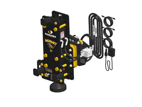 Image showing Danuser Hornet T7 post driver for backhoe/excavator front-right view with yellow 'Hornet T7' text and tilt feature