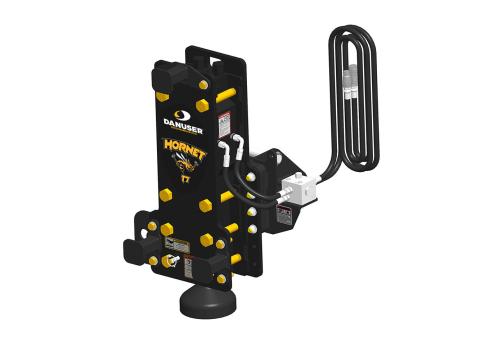Image showing Danuser Hornet T7 post driver for backhoe/excavator front-right view with yellow 'Hornet T7' text and visible components
