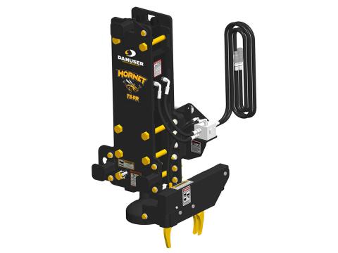 Image showing Danuser Hornet T8-RR post driver for backhoe/excavator front-right view with yellow 'Hornet T8-RR' text and grapple feature