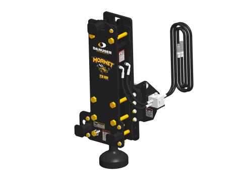 Image showing Danuser Hornet T8-RR post driver for backhoe/excavator front-right view with yellow 'Hornet T8-RR' text and visible components
