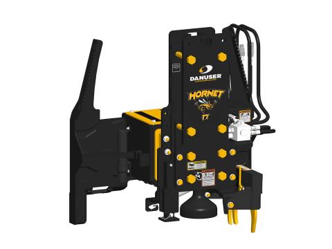 Image showing Danuser Hornet T7 post driver for skid steer, front-left view with yellow 'HORNET T7' text, grapple and tilt features