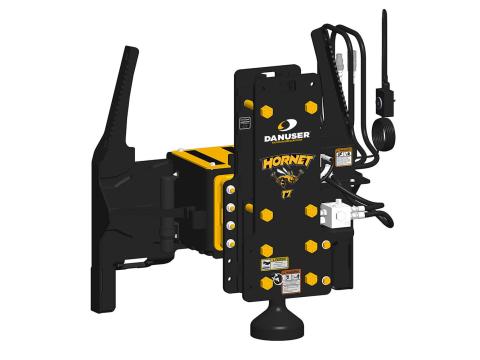 Image showing Danuser Hornet T7 post driver for skid steer, front-left view with yellow 'HORNET T7' text and tilt feature