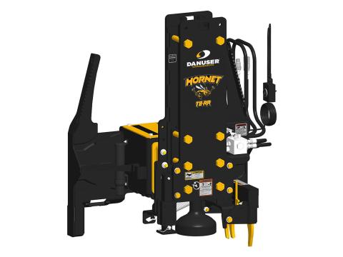 Image showing Danuser Hornet T8-RR for Skid Steer, front-left view with yellow 'HORNET T8-RR' text, grapple and tilt features