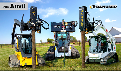Danuser Hornet, T3, and Hammer Post Drivers on skid-steers